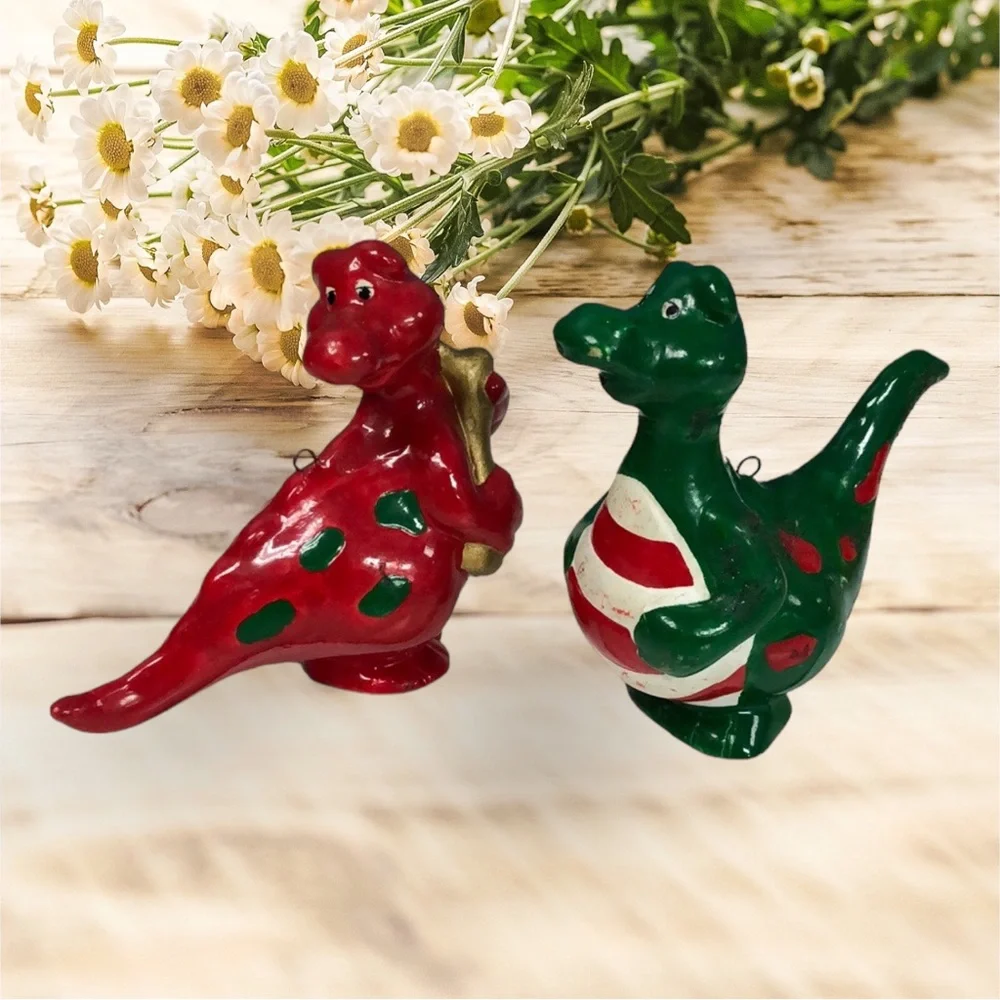 Lot of 2 vintage dragon dinosaur hand‎ painted Christmas ornaments RARE